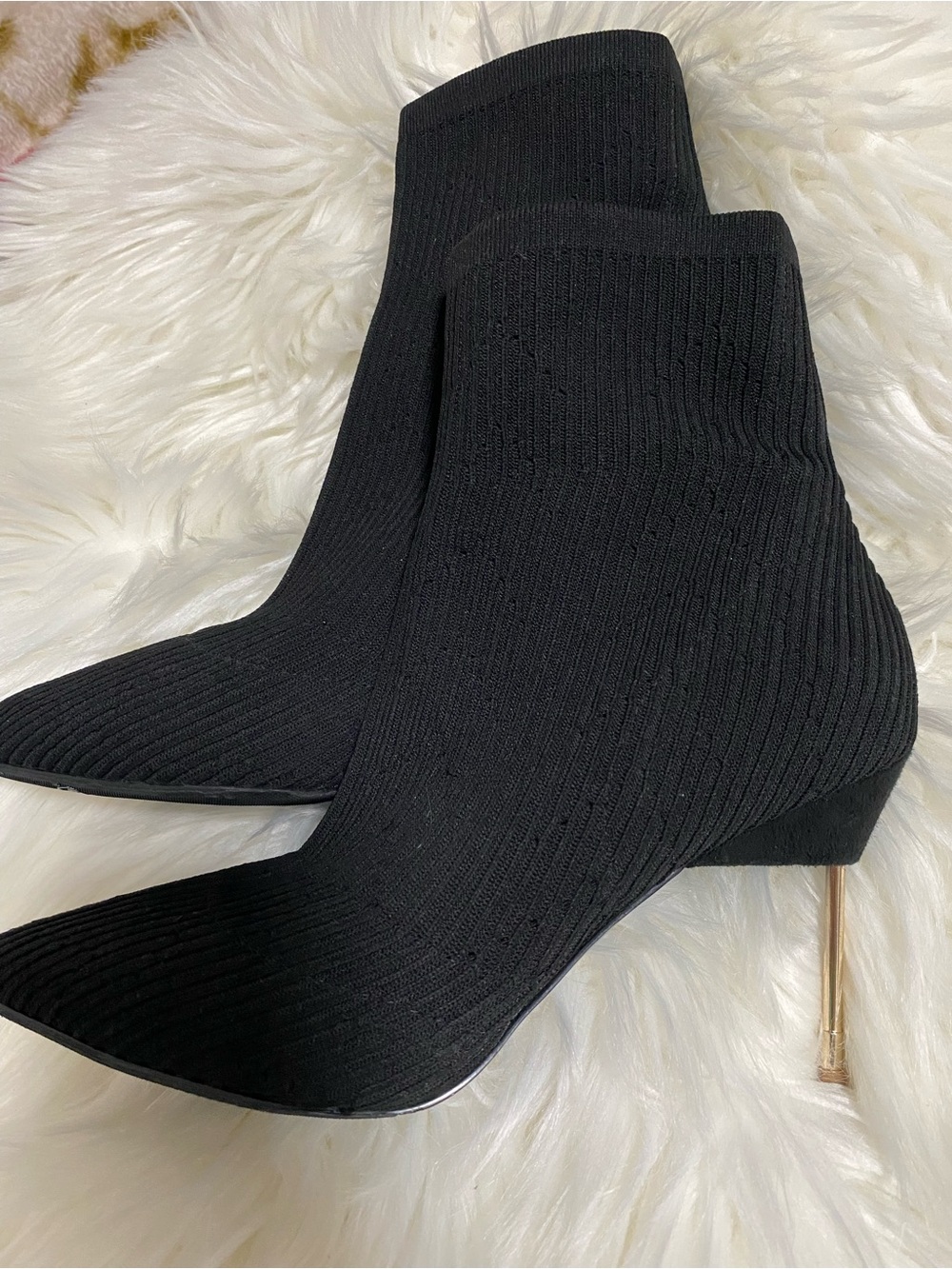 Kurt Geiger Black Knit Sock Ankle Boots with Gold Stiletto Heel